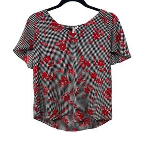 ELLI Black Gingham Black White Red Floral Print Flutter Sleeve Top Dark Whimsy M